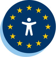 Europos Sąjungos prieinamumo simbolis - stilizuotas žmogus apskritime su ES žvaigždėmis